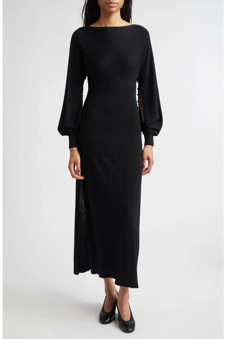 Fa Cutout Long Sleeve Extrafine Merino Wool Sweater Dress, Main, color, BLACK