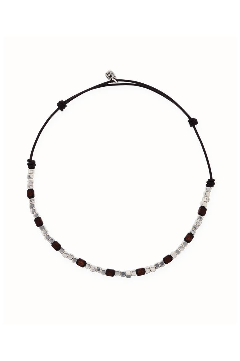 Leather Necklace with Silver and Wood Beads, Main, color, Silver