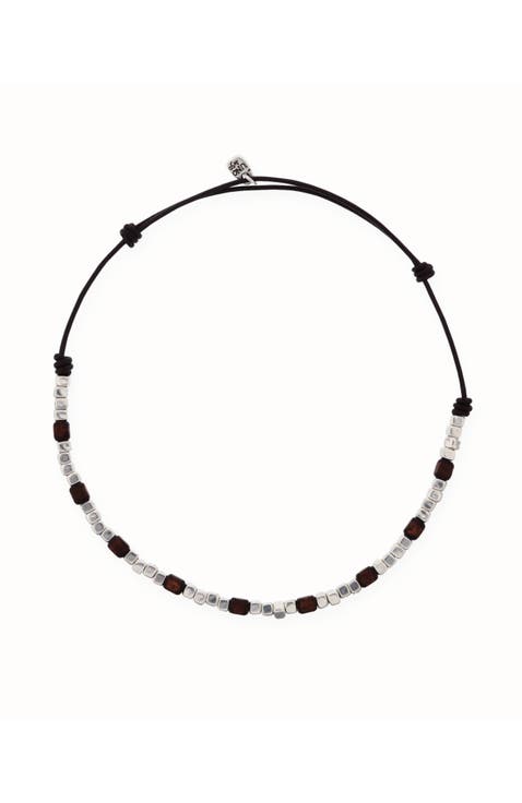 Leather Necklace with Silver and Wood Beads