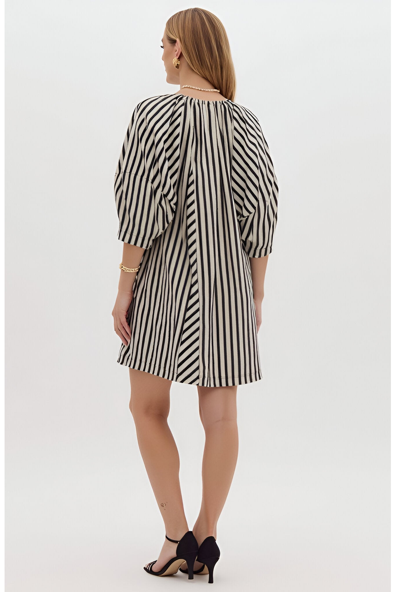 Striped Mini Dress with Tie Neckline, Pockets and 3/4 Sleeves, Alternate, color, Black / White Striped