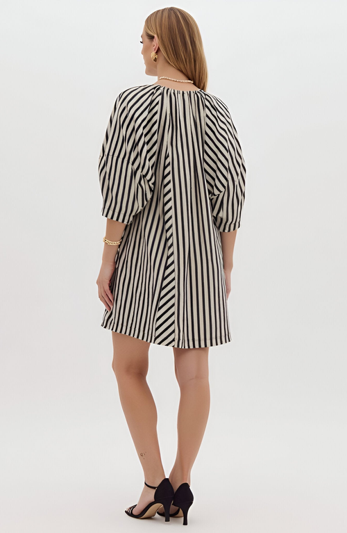 Modenaire Striped Mini Dress With Tie Neckline, Pockets And 3/4 Sleeves In Multi