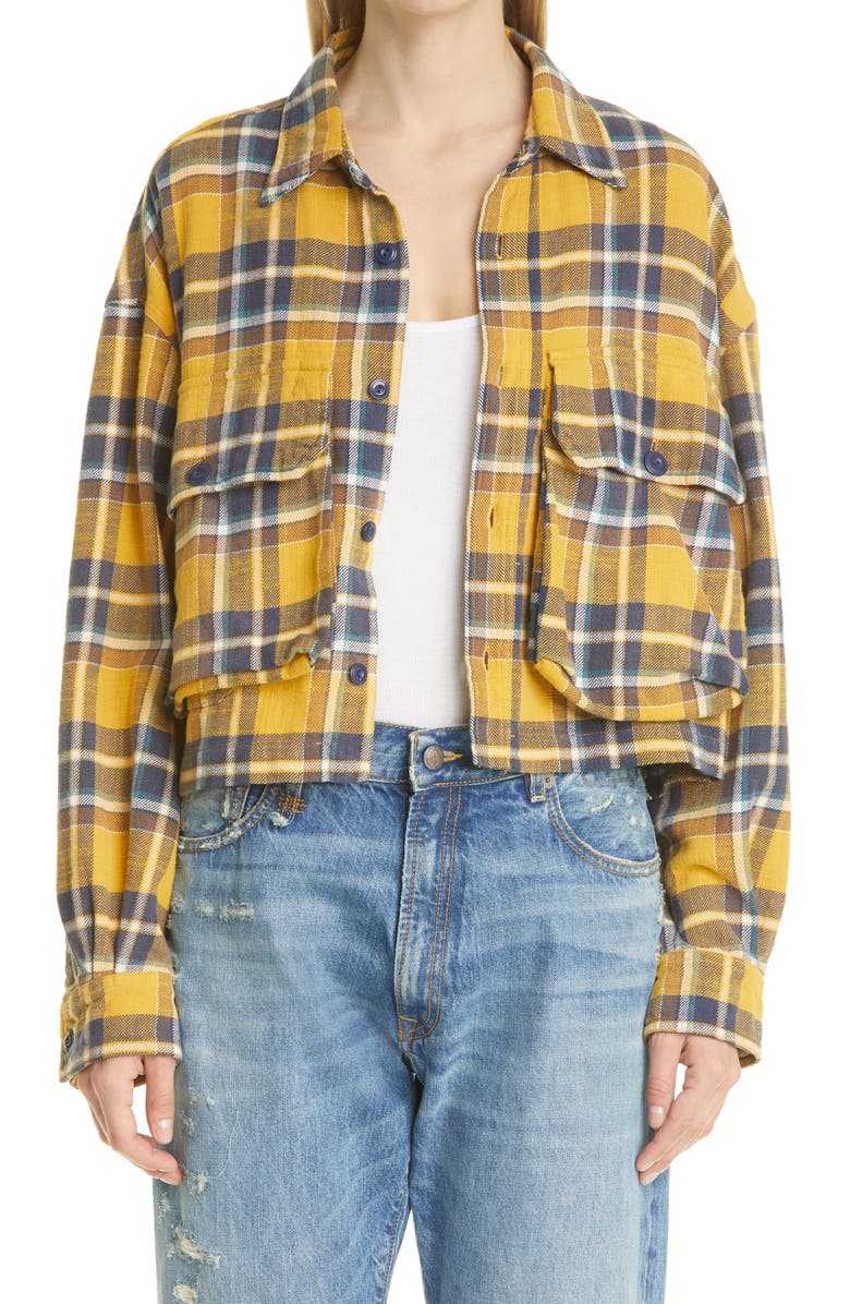 R13 Oversize Plaid Flannel Crop Button-Up Shirt, Main, color, 