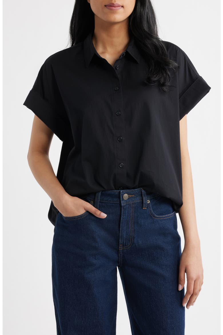 Oversize Short Sleeve Cotton Button-Up Shirt, Main, color, CLASSIC BLACK