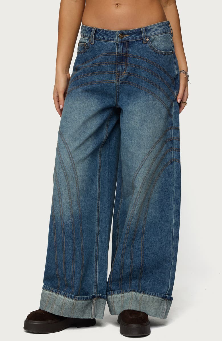 EDIKTED Cuffed Seamed Low Rise Baggy Jeans, Main, color, 