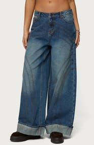 EDIKTED Cuffed Seamed Low Rise Baggy Jeans