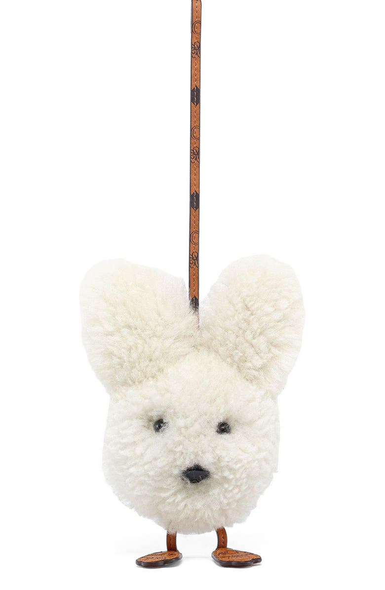 MCM Rabbit Charm in Lamb Fur and Visetos, Main, color, White