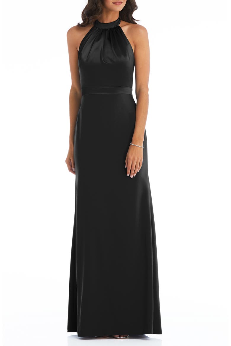 Halter Neck Charmeuse & Crepe Gown, Main, color, BLACK