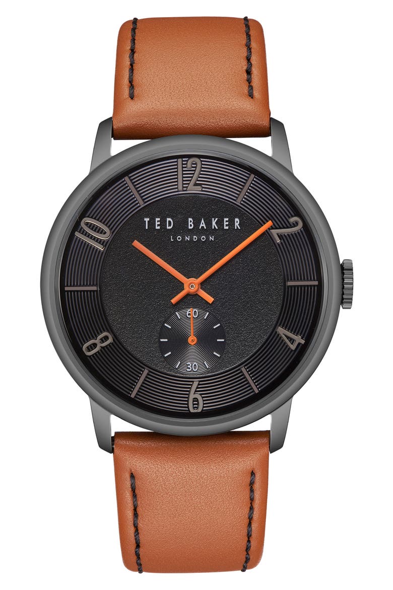 Daniel Leather Strap Watch, 42mm, Main, color, BLACK/ LIGHT BROWN