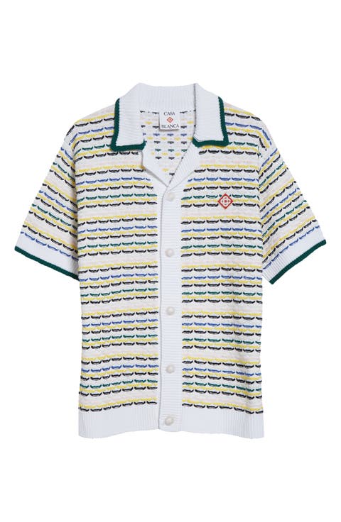 Cotton Tuck Stitch Button-Up Sweater