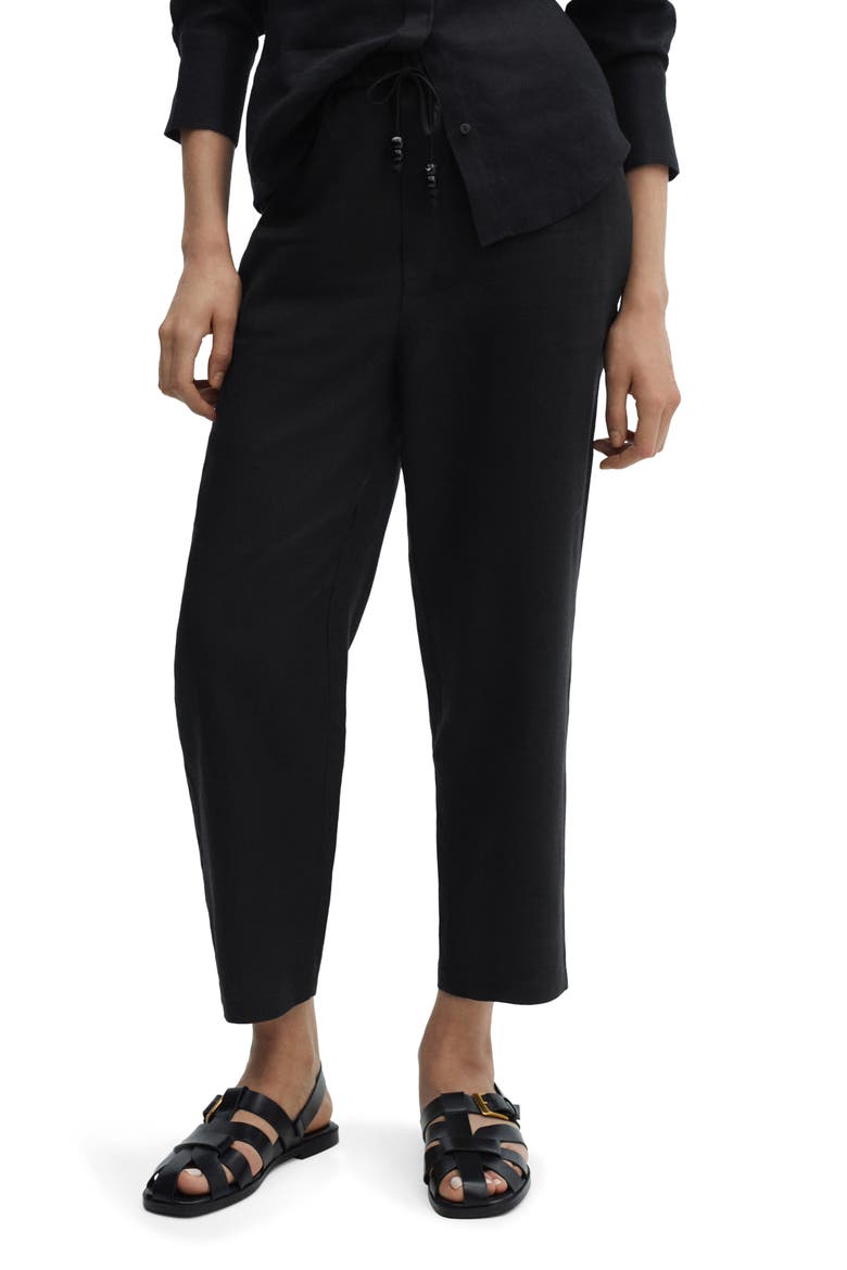 Elastic Waist Crop Straight Leg Linen Pants, Main, color, BLACK