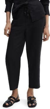MANGO Elastic Waist Crop Straight Leg Linen Pants