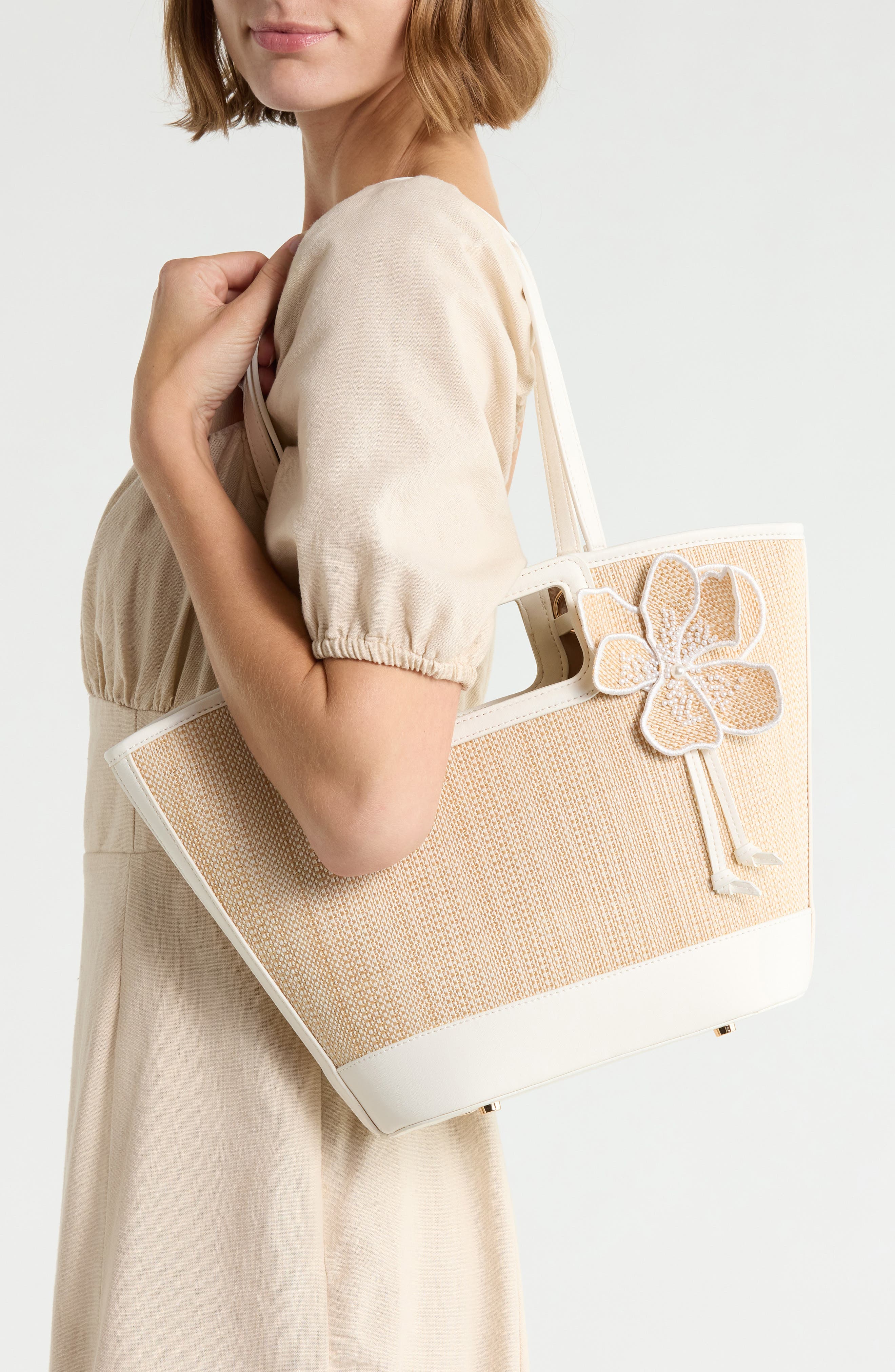 Floral Beaded Woven Tote, Alternate, color, VANILLA