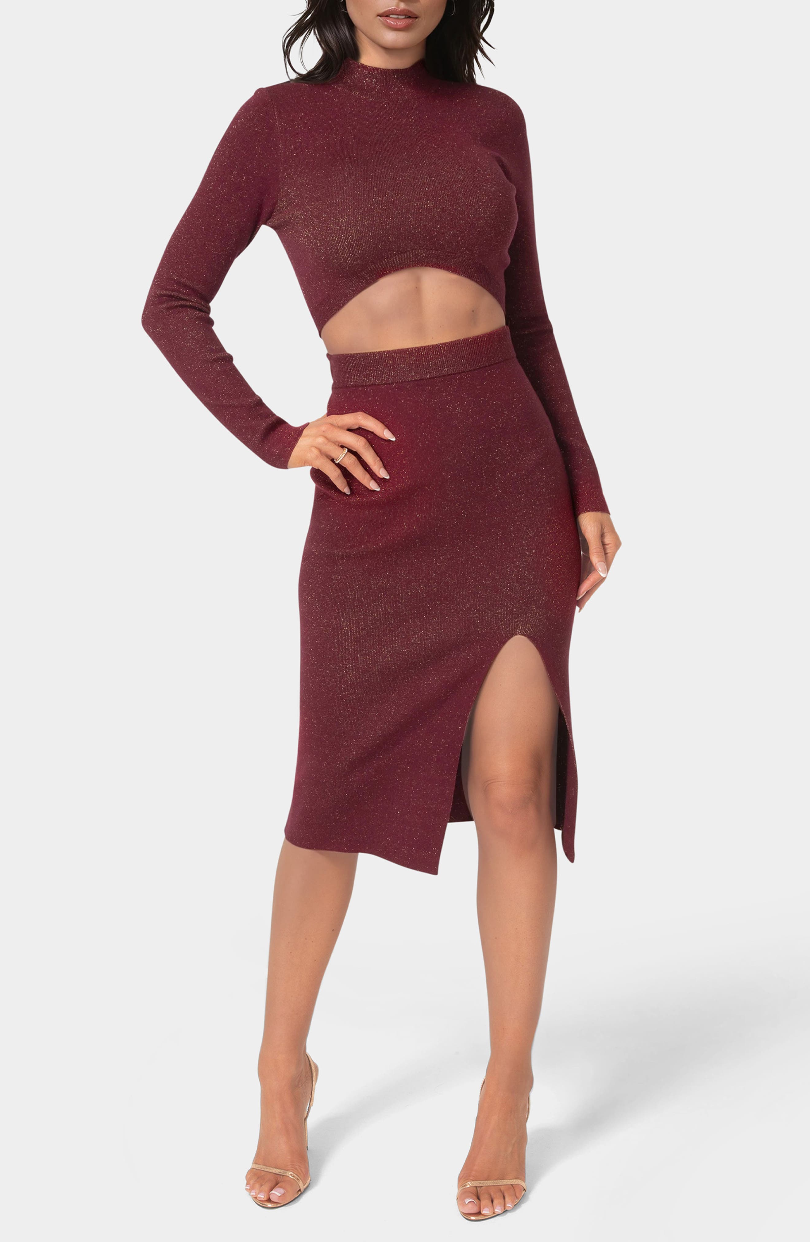 Lurex Rib Knit Long Sleeve Top & Skirt Set - image 3
