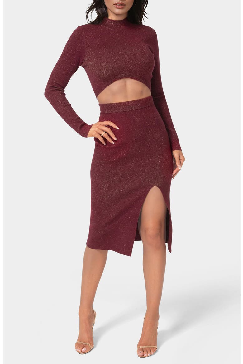 Lurex Rib Knit Long Sleeve Top & Skirt Set, Main, color, MERLOT