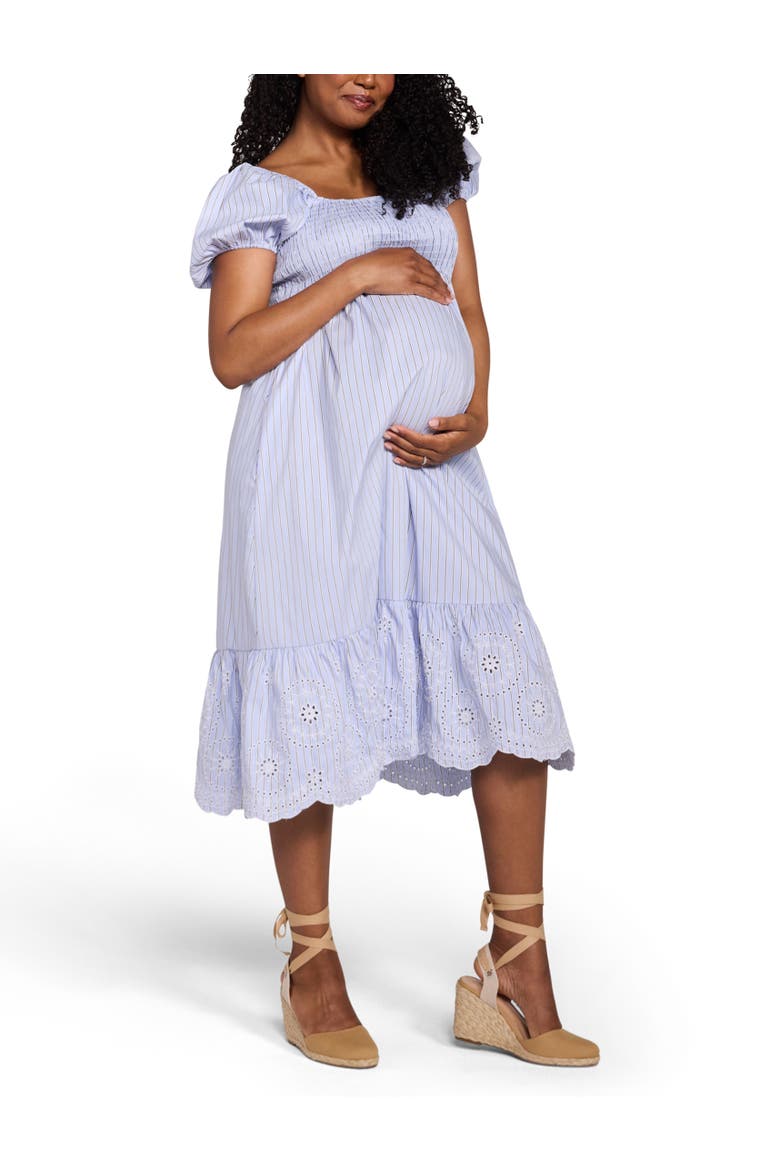 Smocked Bodice with Puff Sleeves Midi Dress, Alternate, color, Blue & White Stripe