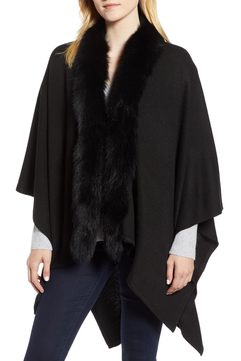 Wool Blend Wrap with Genuine Fox Fur Trim, Main, color, BLACK