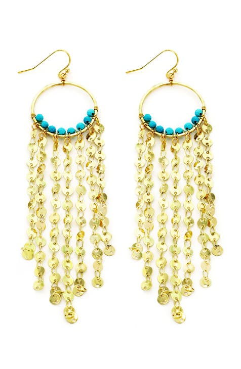 Turquoise Beaded Fringe Hoop Earrings