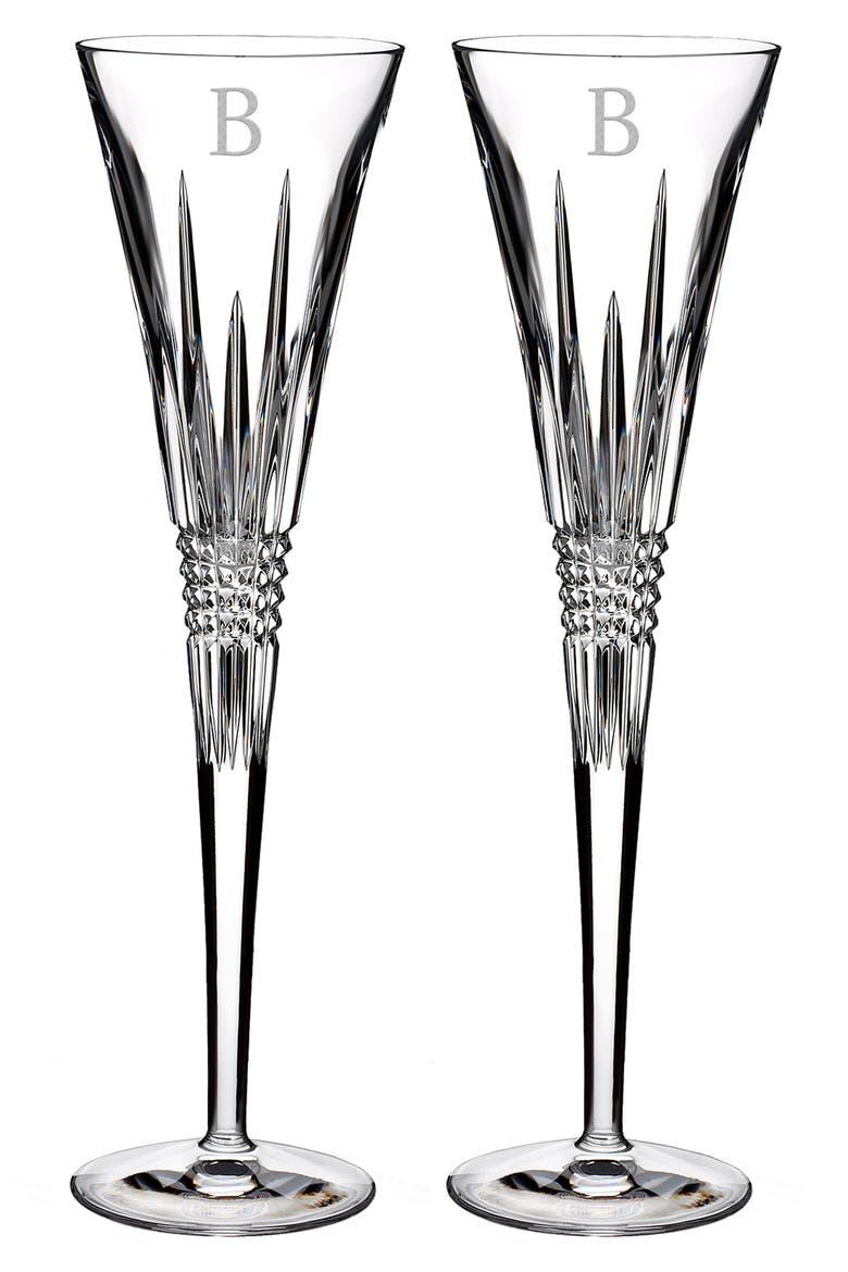 Lismore Diamond Set of 2 Monogram Lead Crystal Champagne Flutes, Main, color, CLEAR - B