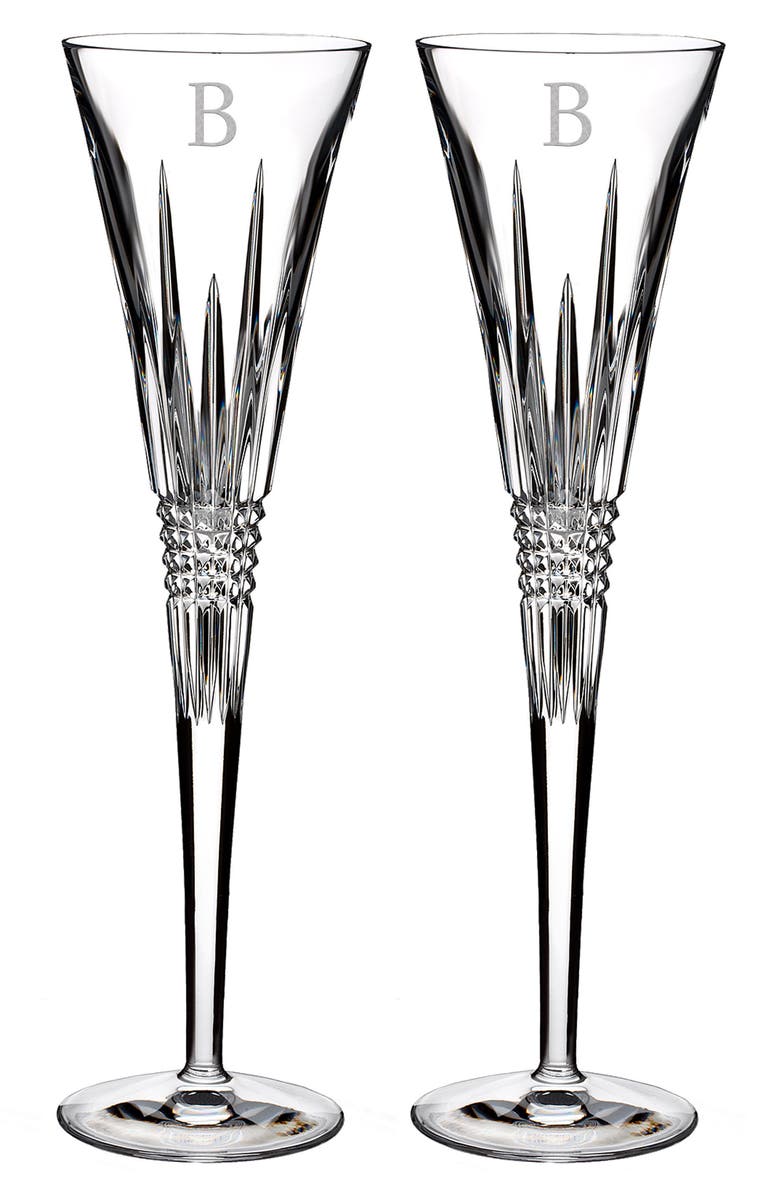 Waterford Lismore Diamond Set of 2 Monogram Lead Crystal Champagne Flutes, Main, color, 