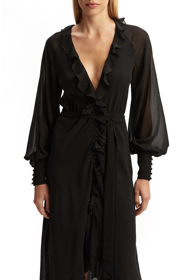 Kassia Ruffle Long Sleeve High/Low Maxi Dress, Alternate, color, BLACK