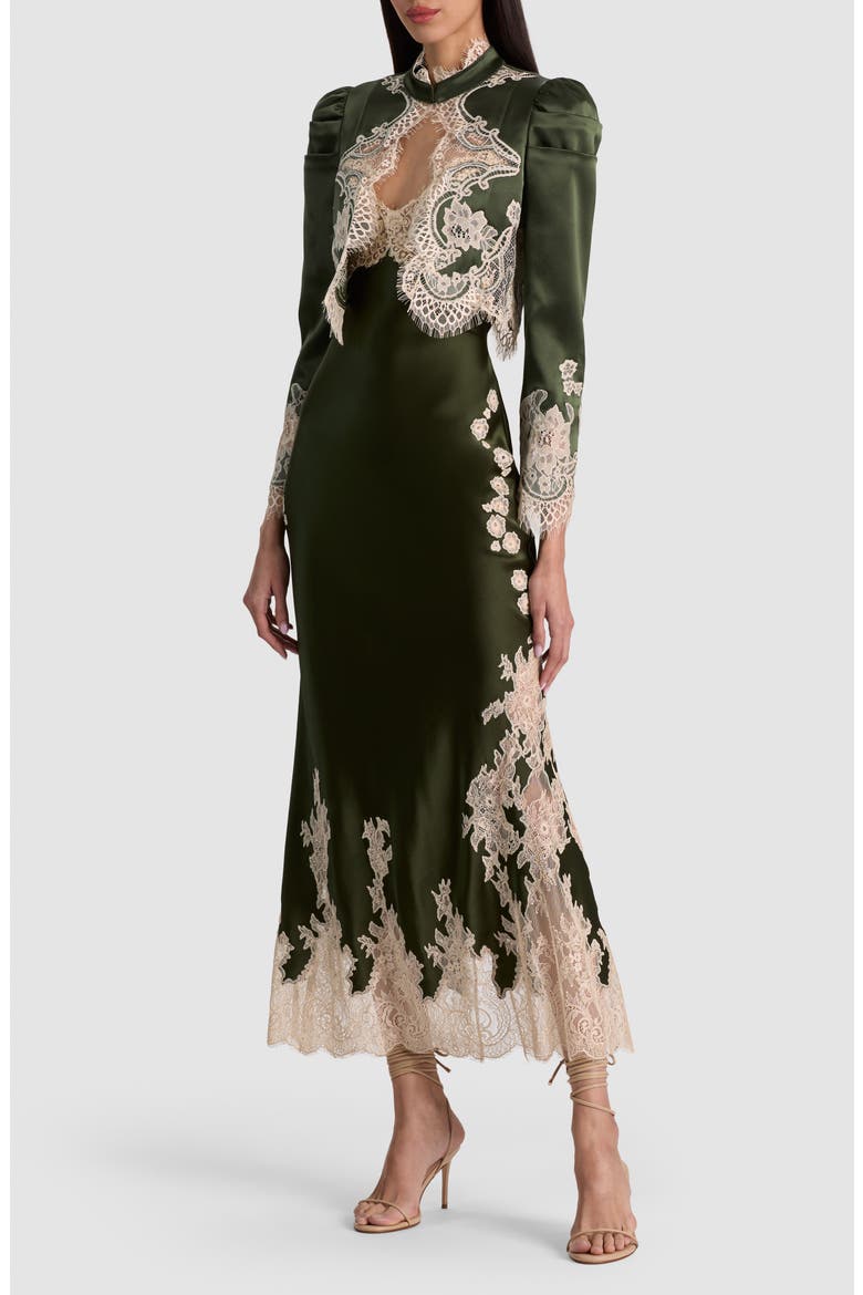 Thomsna Puff Sleeve Lace Trim Cropped Jacket, Alternate, color, DARK FERN