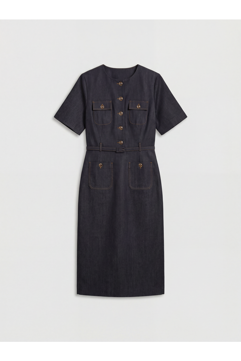 Tailored Denim Belted Midi Dress, Alternate, color, Indigo