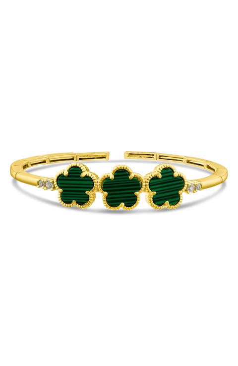 CZ & Faux Malachite Clover Bangle Bracelet