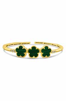CZ by Kenneth Jay Lane CZ & Faux Malachite Clover Bangle Bracelet