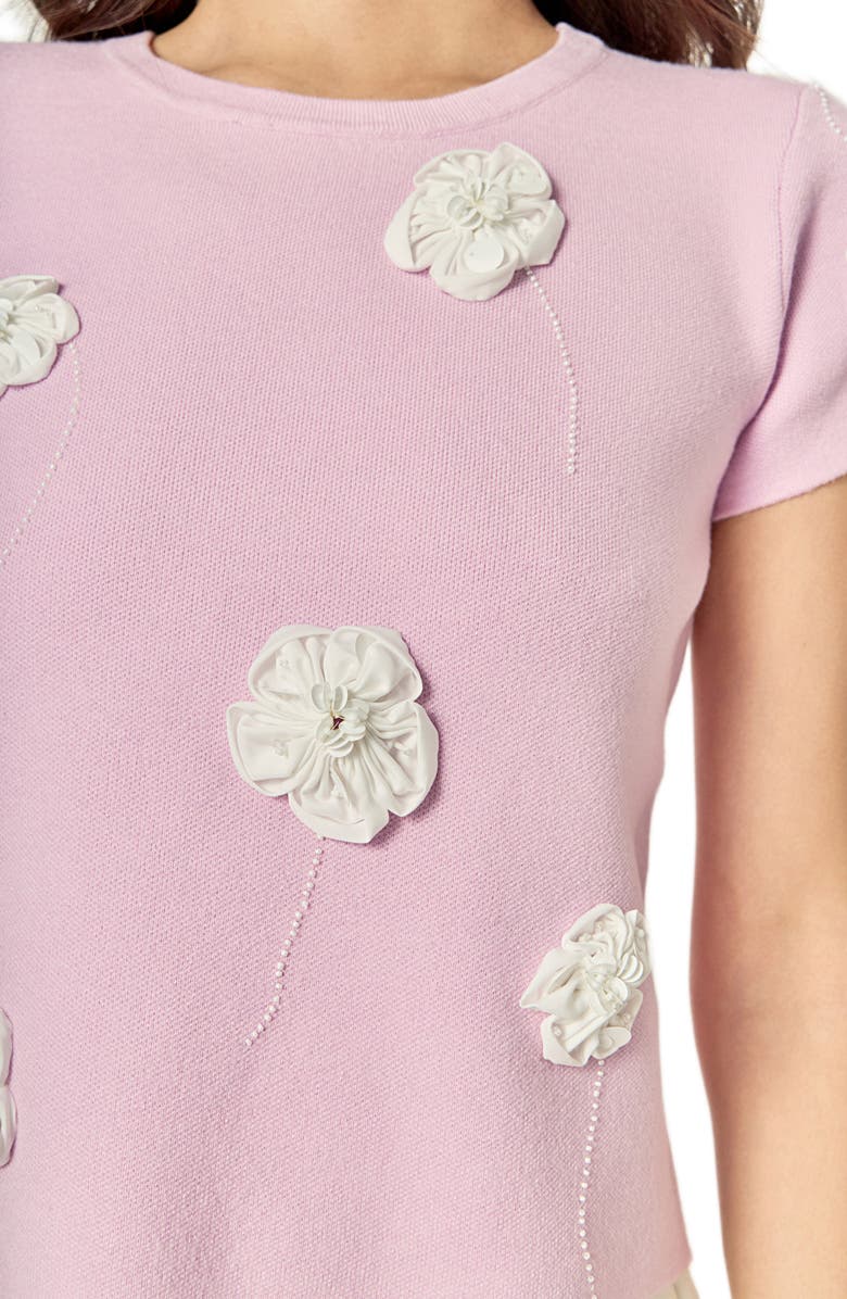 English Factory Floral Ebellished Short Sleeve Knit Top, Alternate, color, Lilac/ White
