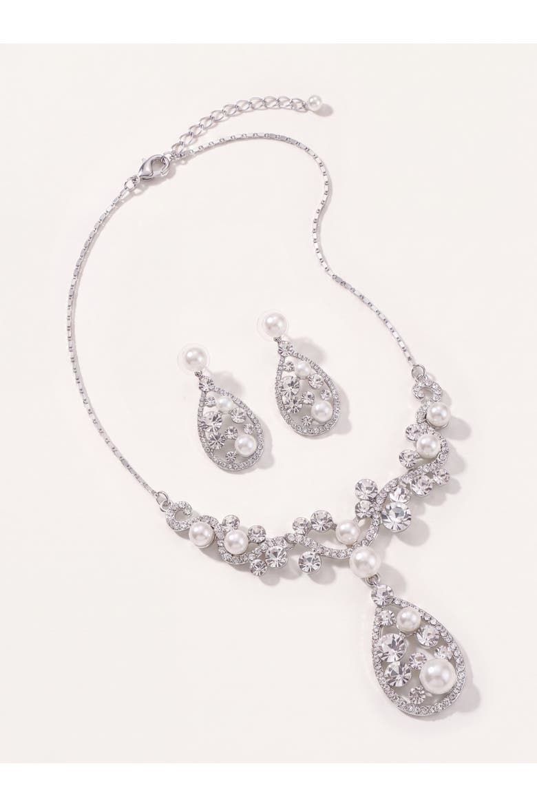Pearl and Crystal Teardrop Necklace and Earrings Set, Alternate, color, Silver