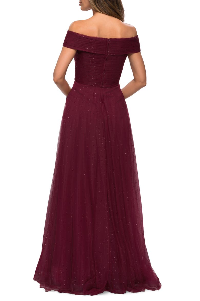 Tulle Off the Shoulder A-line Dress with Rhinestones, Alternate, color, BURGUNDY