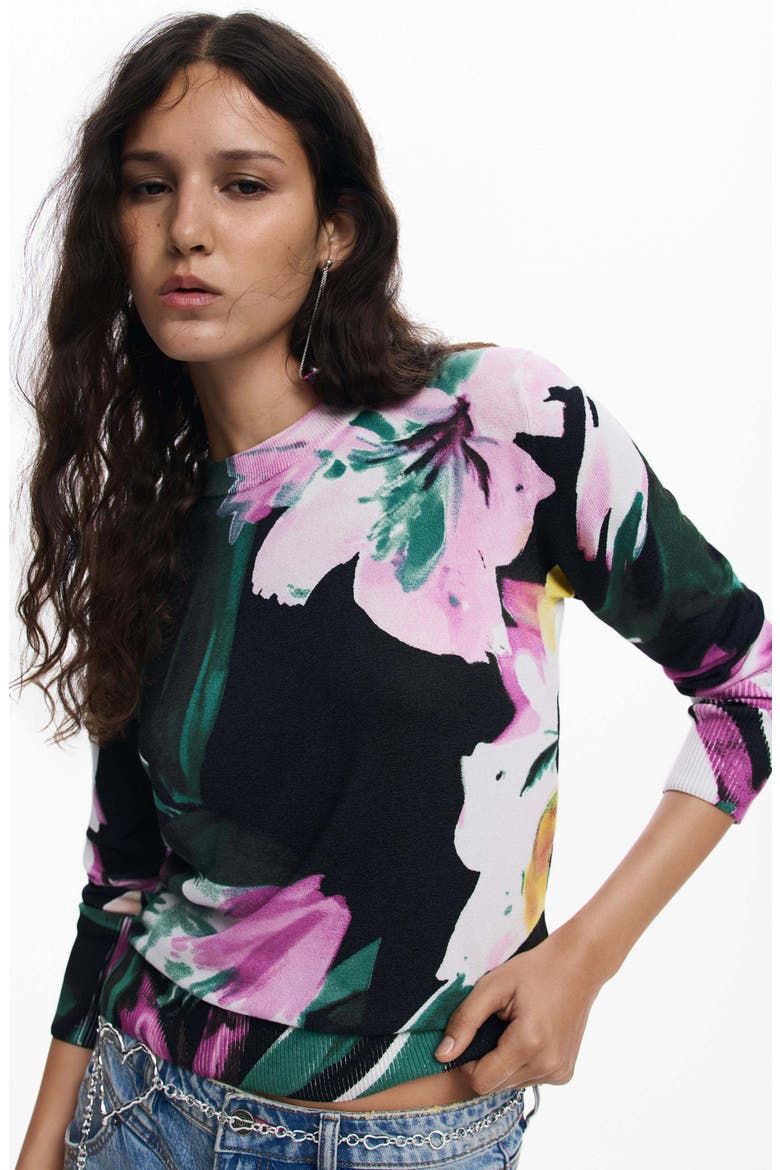 Floral Fine Gauge Crewneck Sweater, Alternate, color, BLACK
