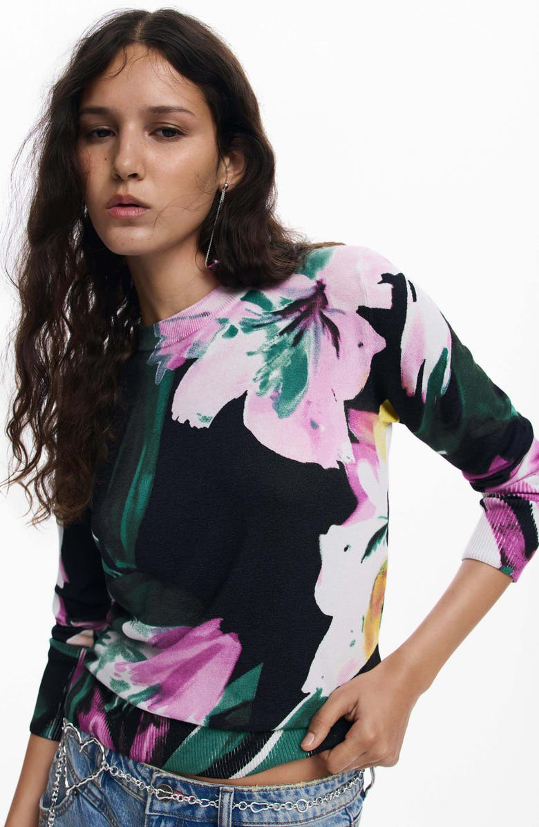 Desigual Floral Fine Gauge Crewneck Sweater, Alternate, color, Black