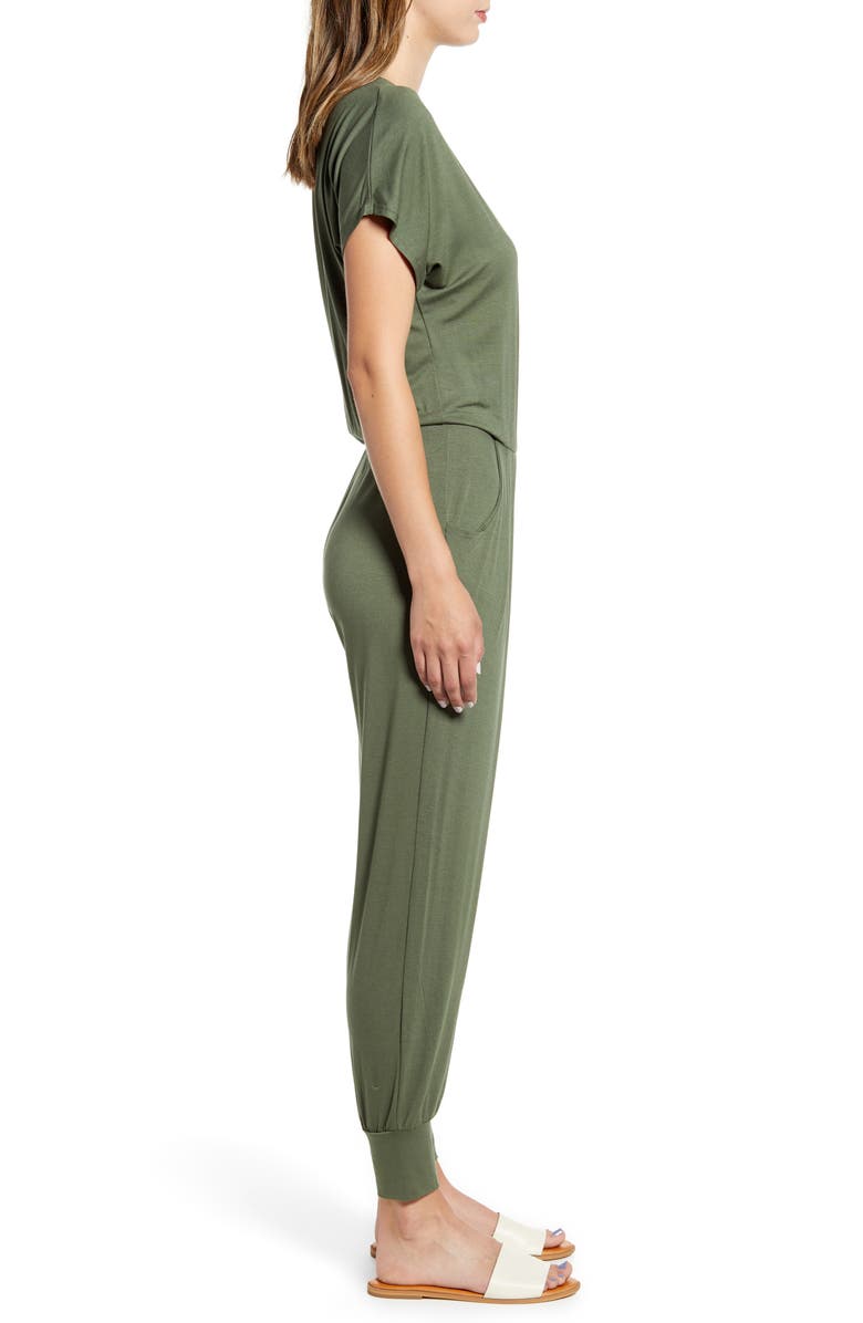 Loveappella Short Sleeve Wrap Top Jumpsuit, Alternate, color, Olive