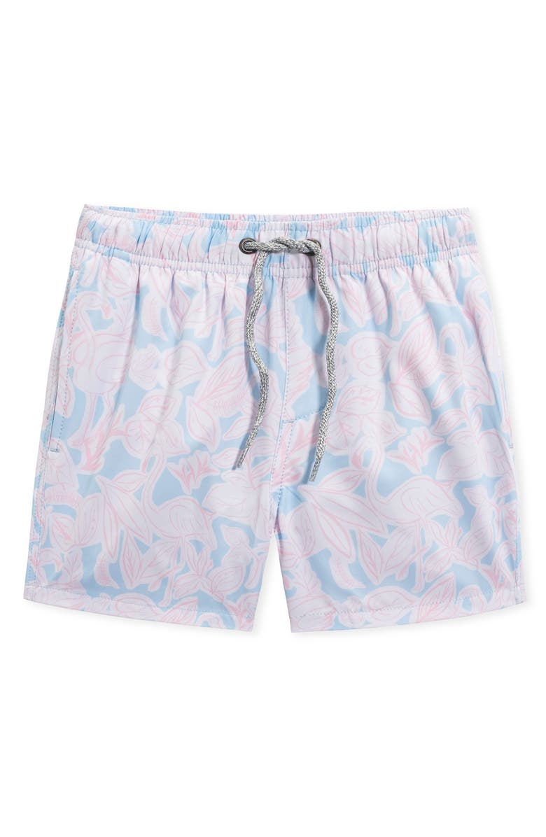 Vintage Summer Kids' Flamingo Print Swim Trunks, Main, color, Light Blue