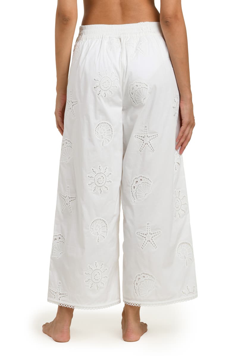 La Blanca Bayside Embroidered Wide Leg Stretch Cotton Ankle Cover-Up Pants, Alternate, color, White