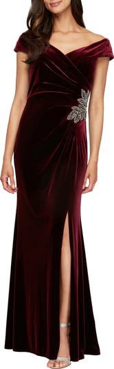Embellished Off the Shoulder Velvet Gown