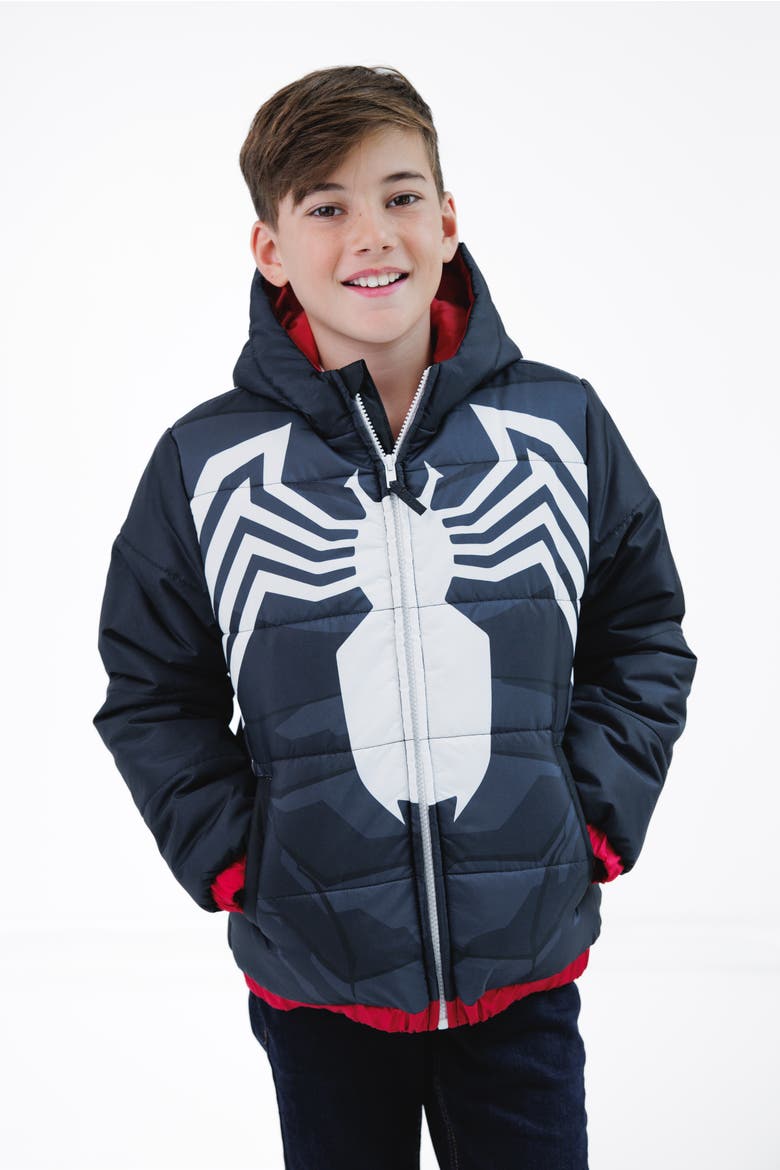 Spider-Man Hooded Zip-Up Puffer Jacket, Alternate, color, Spider Man Black