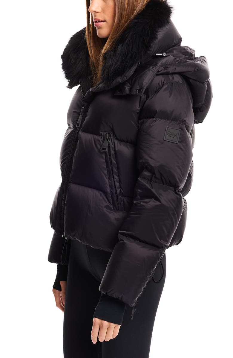 SAM. Kaia Water Resistant Down Puffer Jacket with Removable Genuine Shearling Trim, Alternate, color, Black