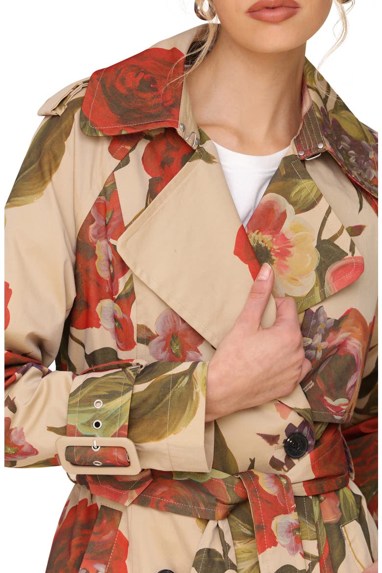 Rose Print Belted Double Breasted Cotton Blend Trench Coat, Alternate, color, TAN PORTOFINO ROSE