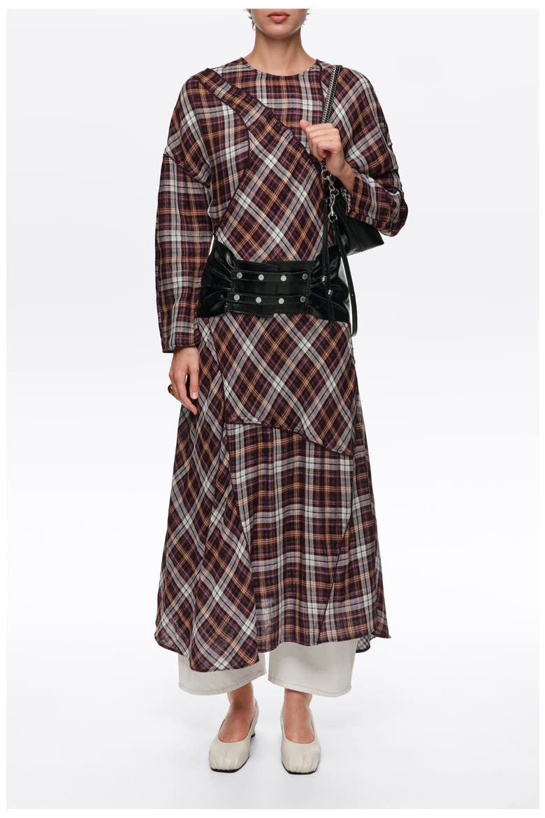 Checked Patchwork Batwing Dress, Alternate, color, BURGUNDY