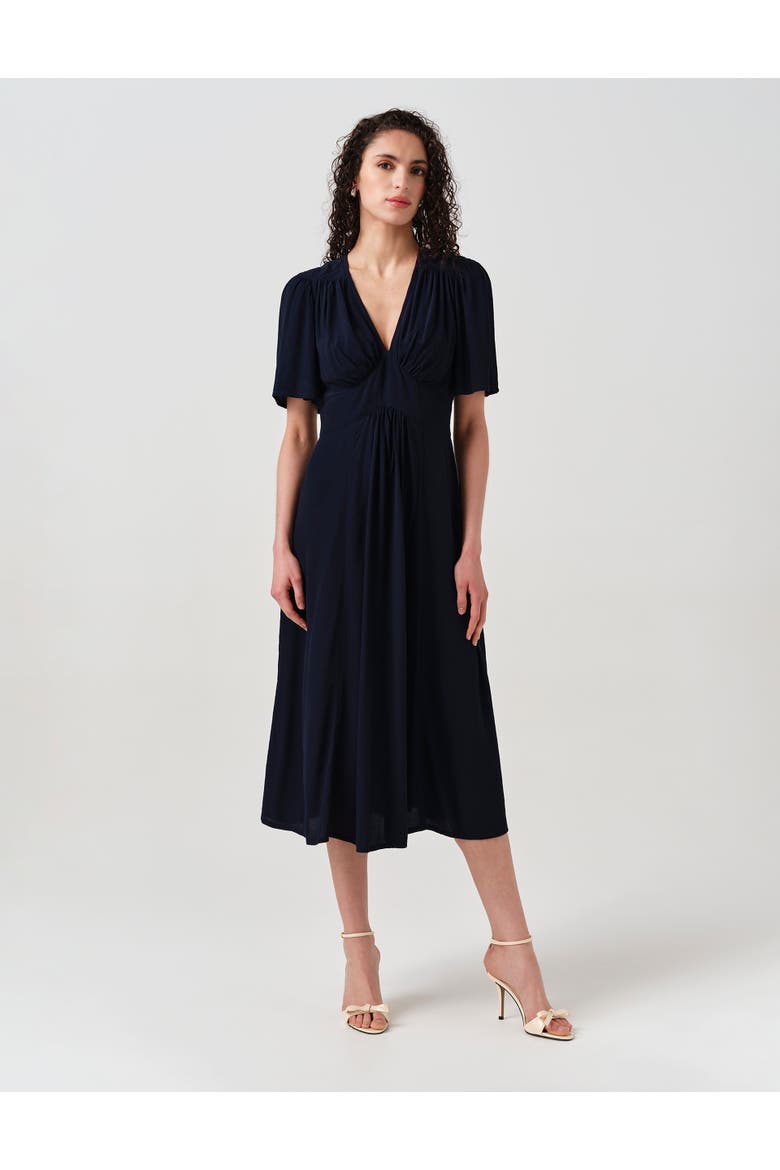 Rosalie Angel Sleeve Crepe Midi Dress, Main, color, Navy