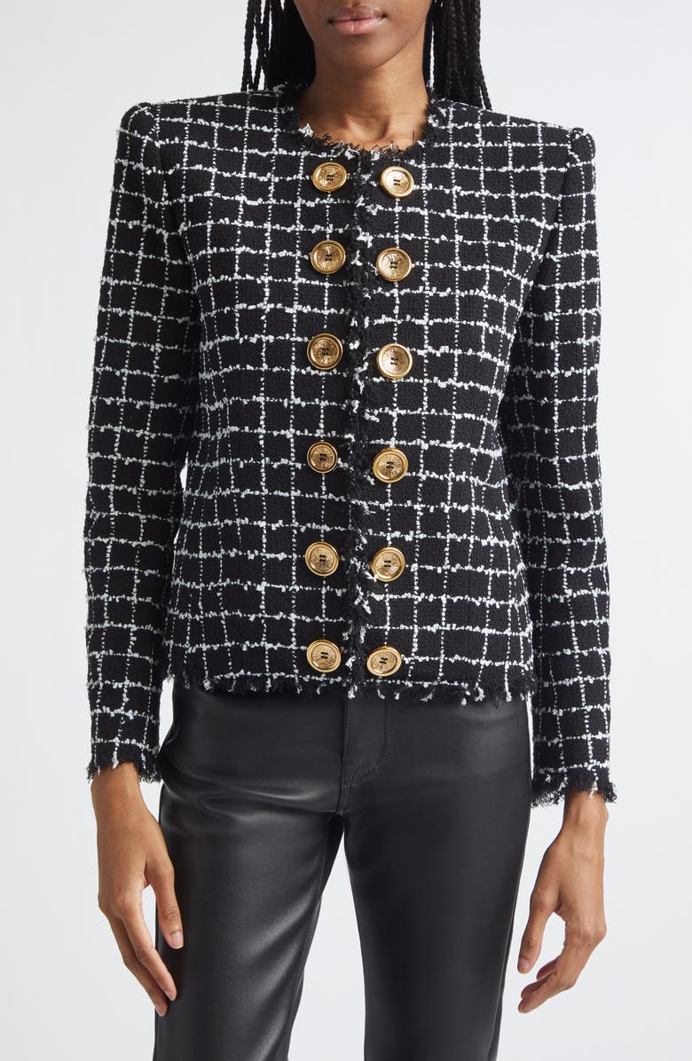 Balmain Square Tweed Crop Spencer Jacket, Main, color, Eab Blk/ White