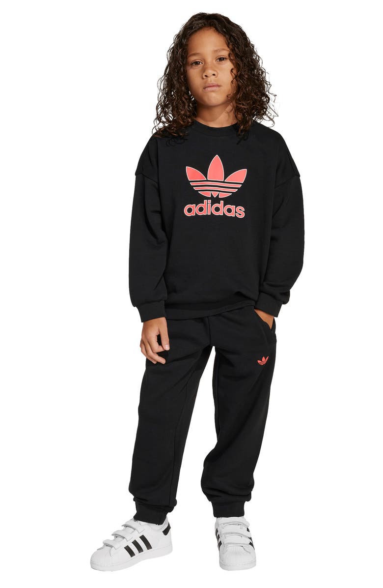 adidas Kids' Trefoil Crewneck Sweatshirt & Joggers Set, Alternate, color, Black