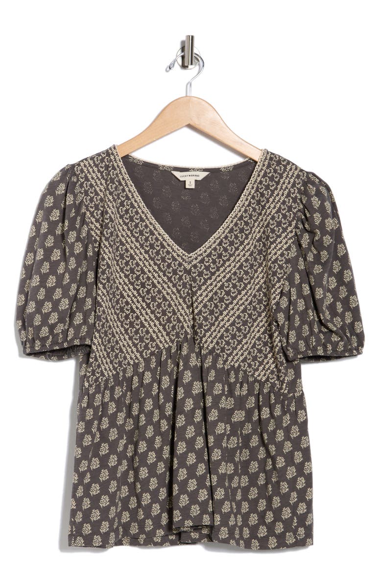 Lucky Brand Mixed Print Puff Sleeve Cotton Babydoll Top, Alternate, color, Black Floral