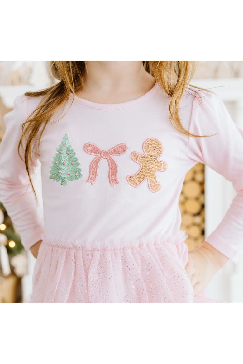 Gingerbread Embroidered Christmas Long Sleeve Tutu Dress, Alternate, color, Pink