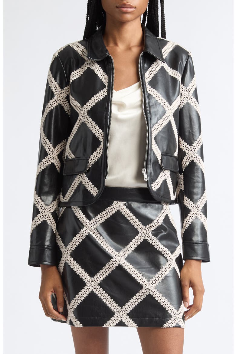 Audree Faux Leather Jacket with Crochet Overlay, Main, color, BLACK/ GARDENIA