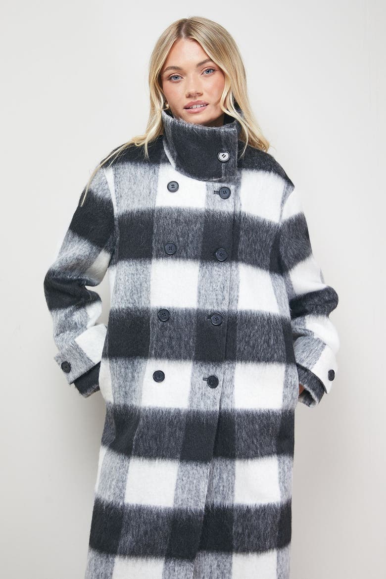 Brushed Check Funnel Neck Coat, Alternate, color, Black