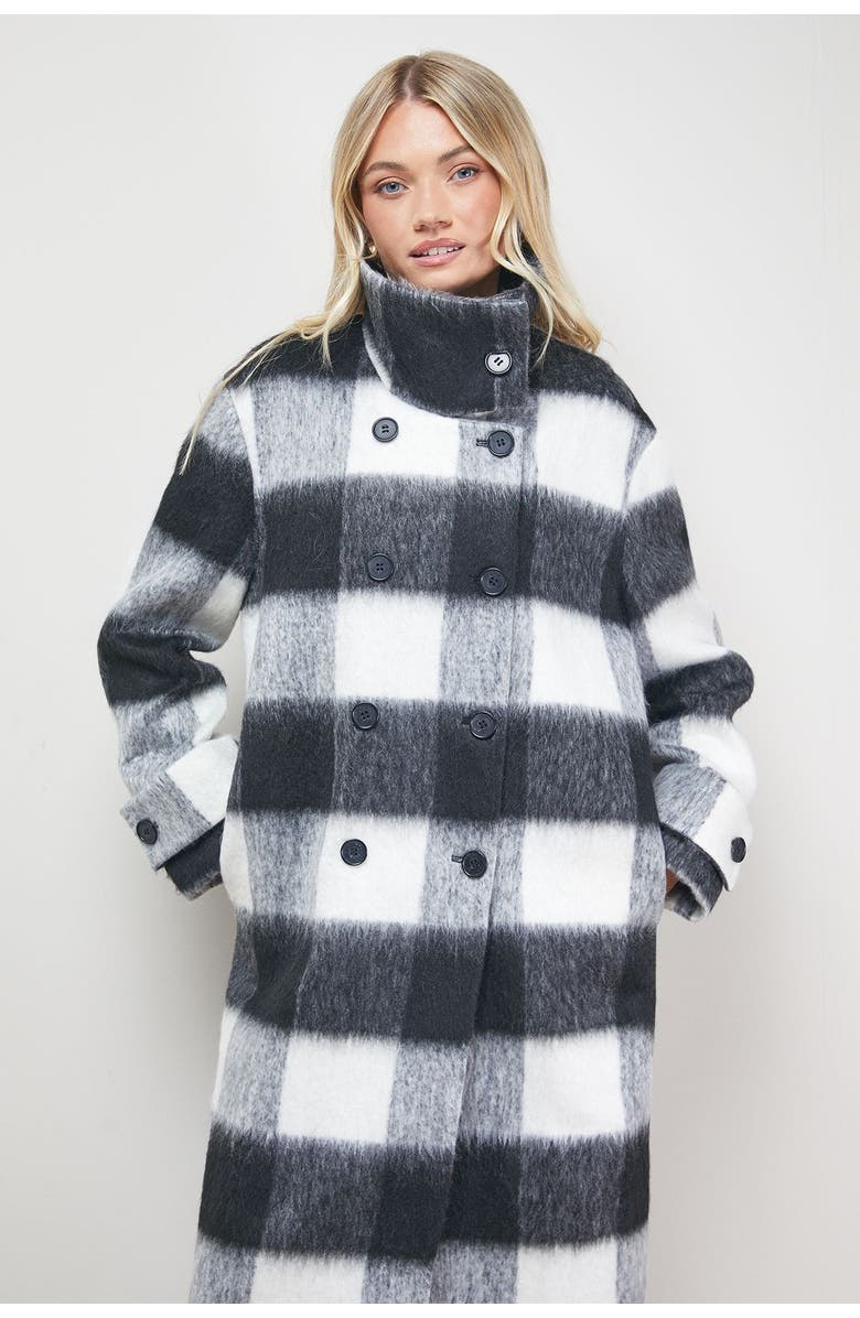 Oasis Brushed Check Funnel Neck Coat, Alternate, color, Black