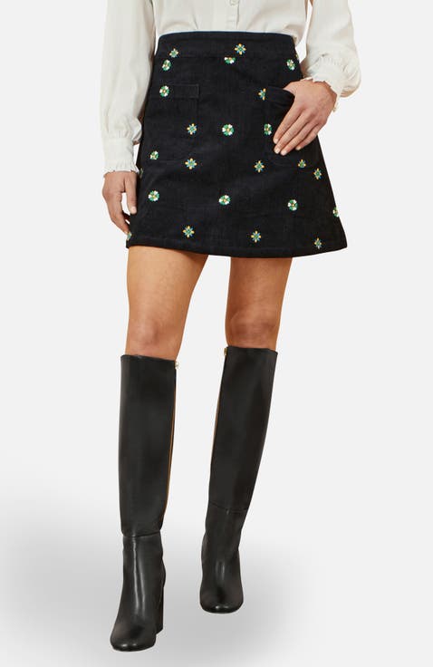 Flower Embroidered Cord Mini Skirt